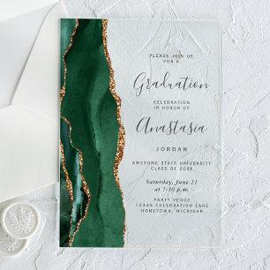 Emerald Green Gold Agate Gray Text Graduation Acrylic Invitations