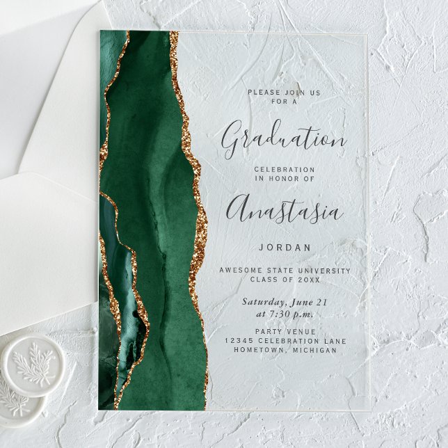 Emerald Green Gold Agate Gray Text Graduation Acrylic Invitations (Creator Uploaded)