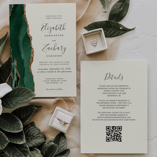 Emerald Green Gold Agate Ivory QR Code Wedding Invitation (Creator Uploaded)