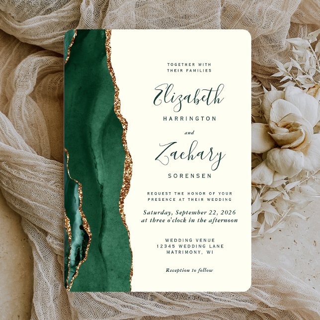 Emerald Green Gold Agate Ivory Rounded Wedding Invitation (Creator Uploaded)