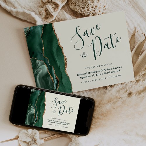 Emerald Green Gold Agate Ivory Save the Date Card