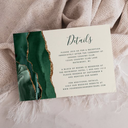 Emerald Green Gold Agate Ivory Wedding Details Enclosure Card