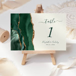 Emerald Green Gold Agate Ivory Wedding Table Number<br><div class="desc">The left-hand edge of this elegant modern wedding table number card features an emerald green watercolor agate border trimmed with faux gold glitter. The customizable text combines green handwriting,  italic and copperplate fonts on an ivory background.</div>