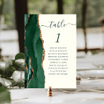 Emerald Green Gold Agate Ivory Wedding Table Number<br><div class="desc">The left-hand edge of this elegant modern wedding table number card features an emerald green watercolor agate border trimmed with faux gold glitter. The word "table" appears in green handwriting script on an ivory background. Add the names of your guests who are assigned to each table.</div>
