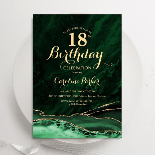 Emerald Green Gold Agate Marble 18th Birthday Invitation