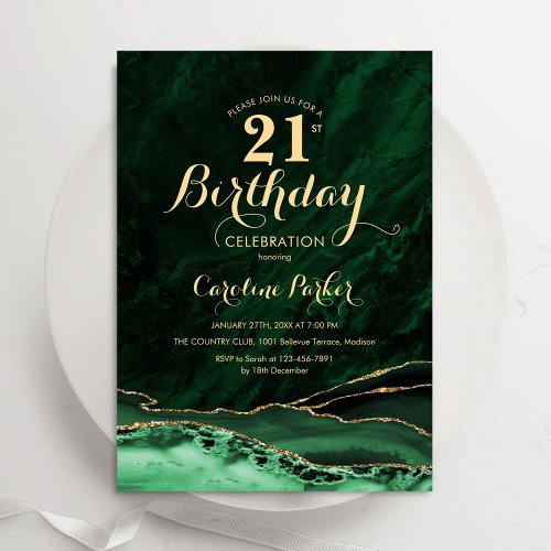 Emerald Green Gold Agate Marble 21st Birthday Invitation