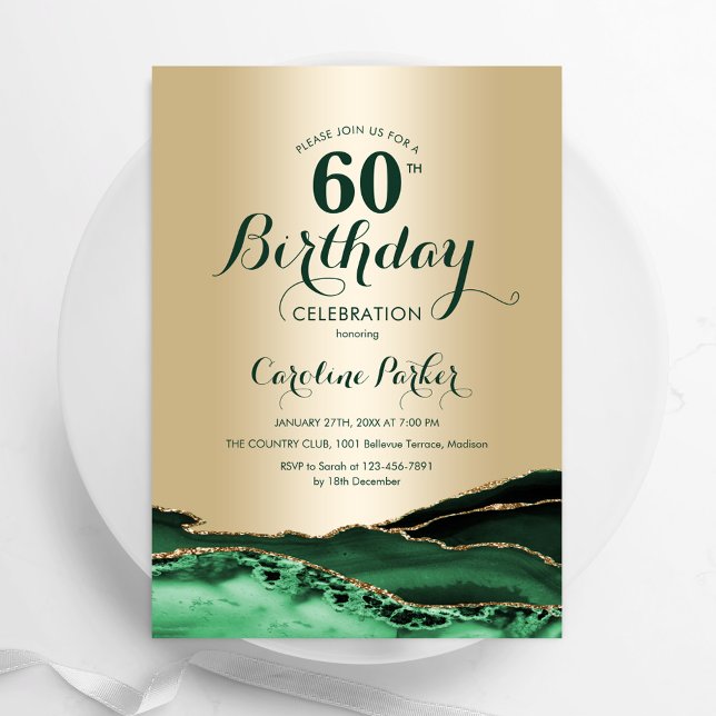 Emerald Green Gold Agate Marble 60th Birthday Invitation (Creator Uploaded)