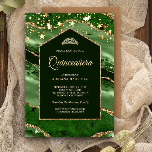 Emerald Green Gold Agate Marble Arch Quinceanera Invitation
