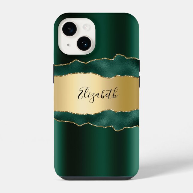 Emerald green gold agate marble name script iphone case (Back)