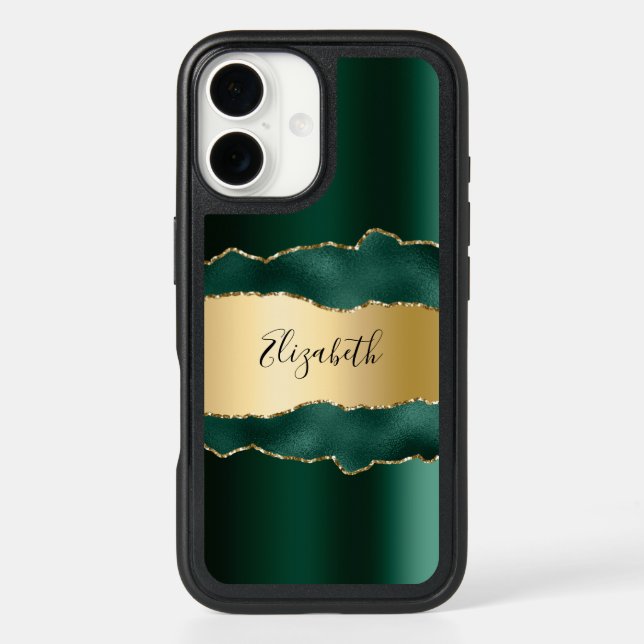 Emerald green gold agate marble name script otterbox iPhone case (Back)