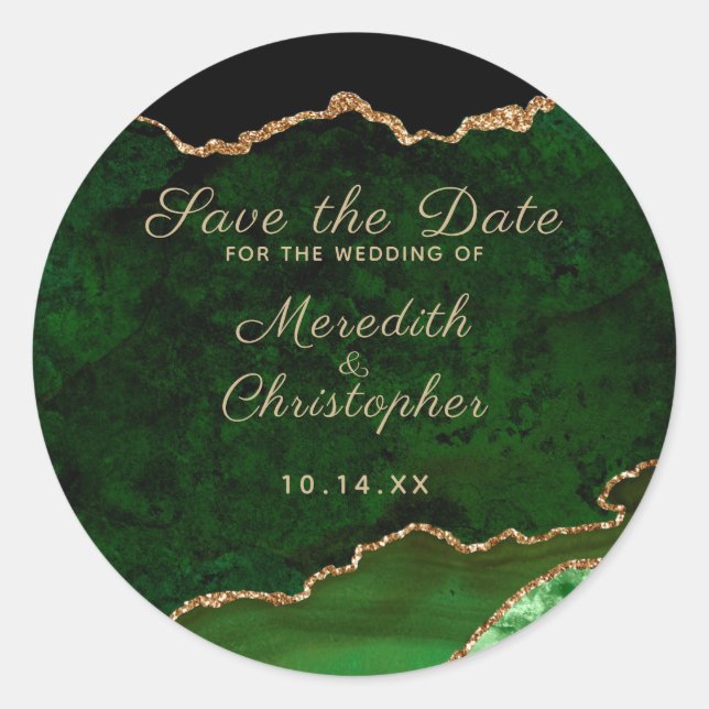 Emerald Green Gold Agate Marble Save the Date Classic Round Sticker (Front)