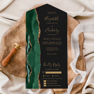 Emerald Green Gold Agate Meal Options Dark Wedding All In One Invitation