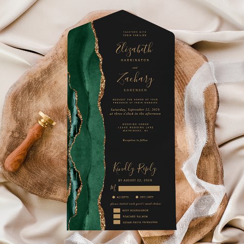 Emerald Green Gold Agate Meal Options Dark Wedding All In One Invitation