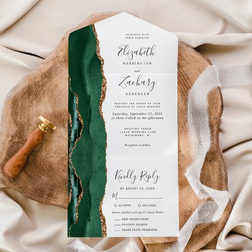 Emerald Green Gold Agate Meal Options Wedding All In One Invitation