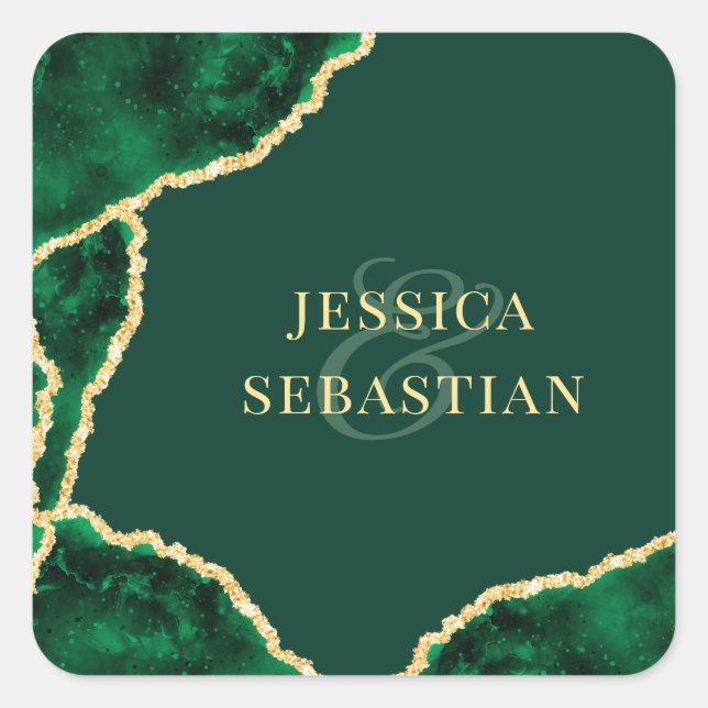 Emerald Green & Gold Agate Modern Wedding Square Sticker (Front)