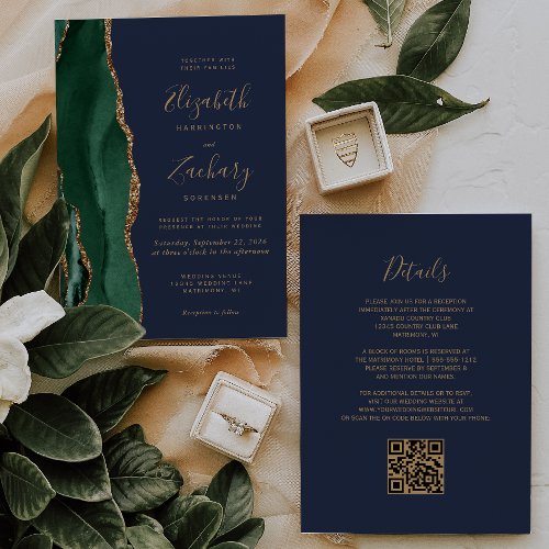 Emerald Green Gold Agate Navy Blue QR Code Wedding Invitation