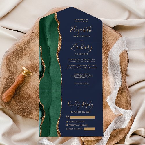 Emerald Green Gold Agate Navy Blue Wedding All In One Invitation
