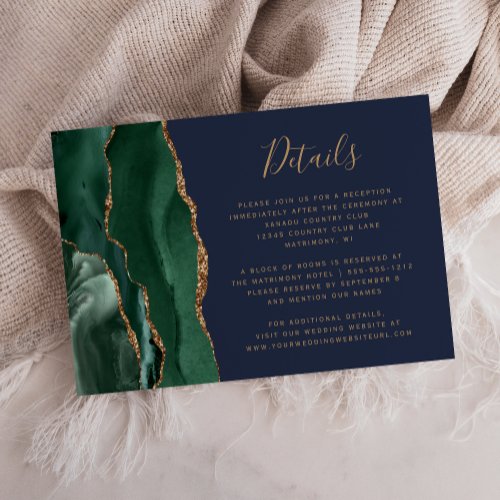 Emerald Green Gold Agate Navy Blue Wedding Details Enclosure Card