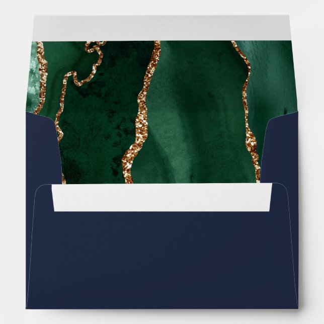 Emerald Green Gold Agate Navy Blue Wedding Envelope (Back (Bottom))