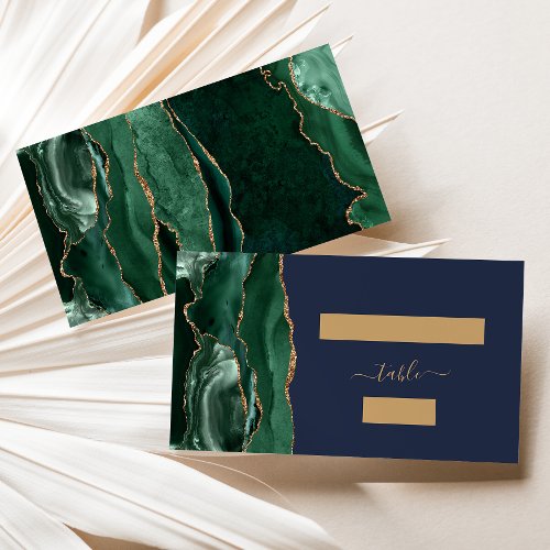 Emerald Green Gold Agate Navy Blue Wedding Escort Place Card