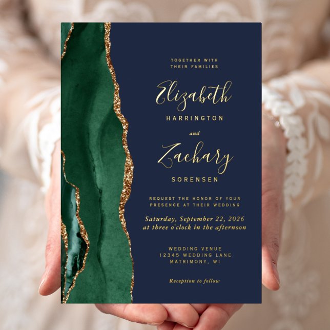 Emerald Green Gold Agate Navy Blue Wedding Foil Invitation (Creator Uploaded)