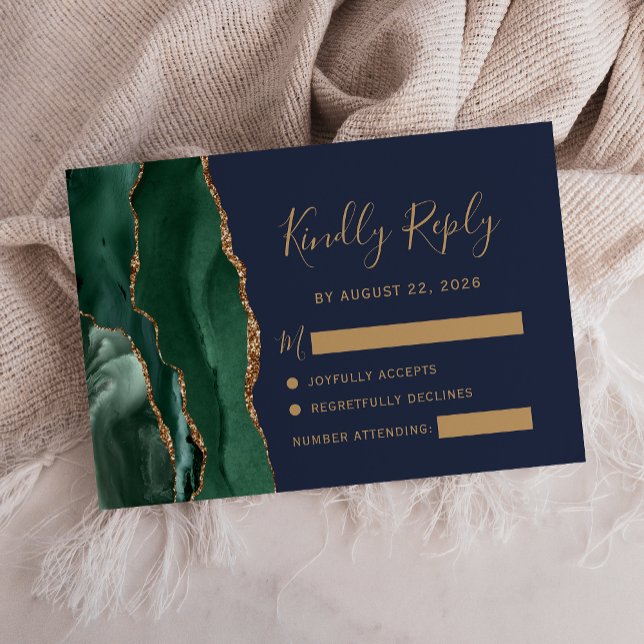 Emerald Green Gold Agate Navy Blue Wedding RSVP Card (Creator Uploaded)