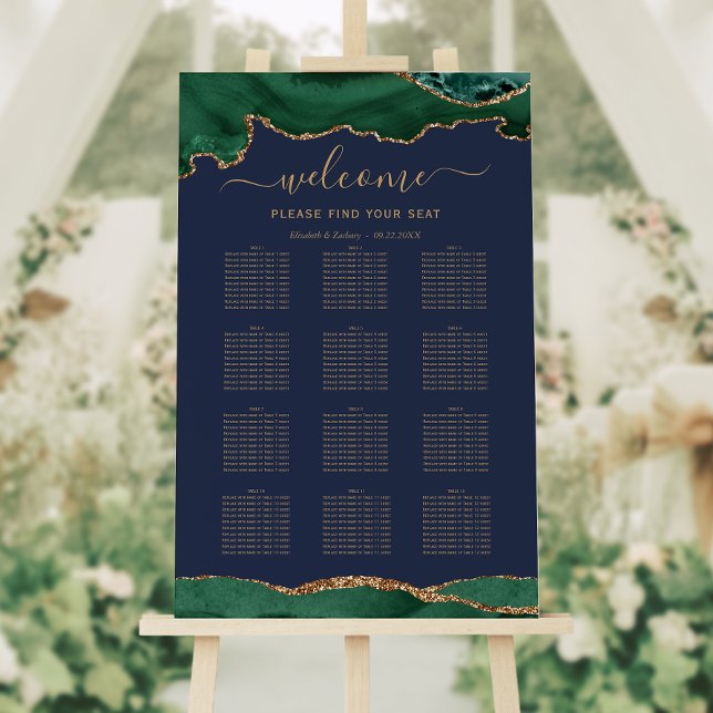 Emerald Green Gold Agate Navy Blue Wedding Seating Foam Board (Creator Uploaded)
