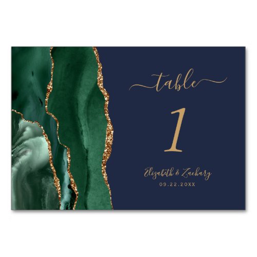 Emerald Green Gold Agate Navy Blue Wedding Table Number