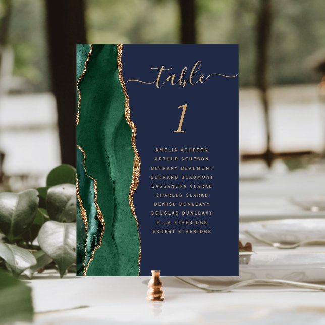 Emerald Green Gold Agate Navy Blue Wedding Table Number (Creator Uploaded)