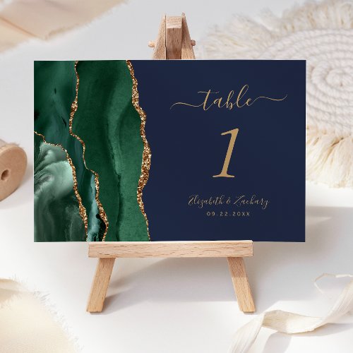 Emerald Green Gold Agate Navy Blue Wedding Table Number