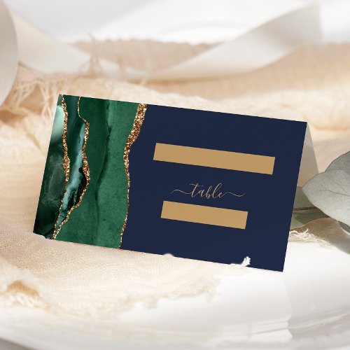 Emerald Green Gold Agate Navy Blue Wedding Table Place Card