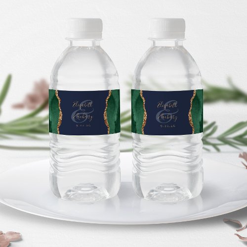 Emerald Green Gold Agate Navy Blue Wedding Water Bottle Label