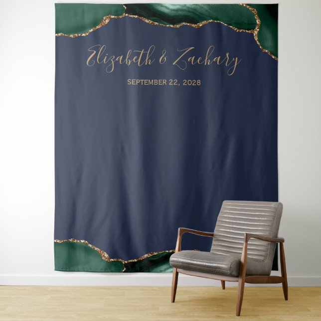 Emerald Green Gold Agate Navy Wedding Photo Booth Tapestry (In Situ)