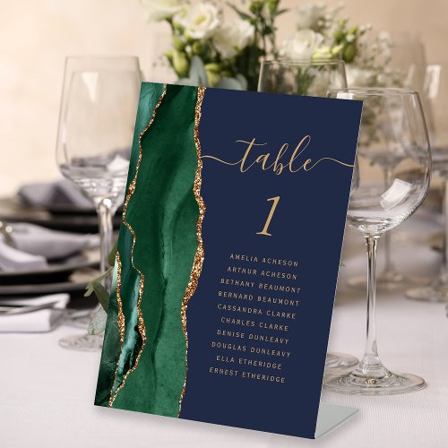 Emerald Green Gold Agate Navy Wedding Table Number Pedestal Sign