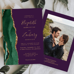 Emerald Green Gold Agate Photo Purple Wedding Invitation