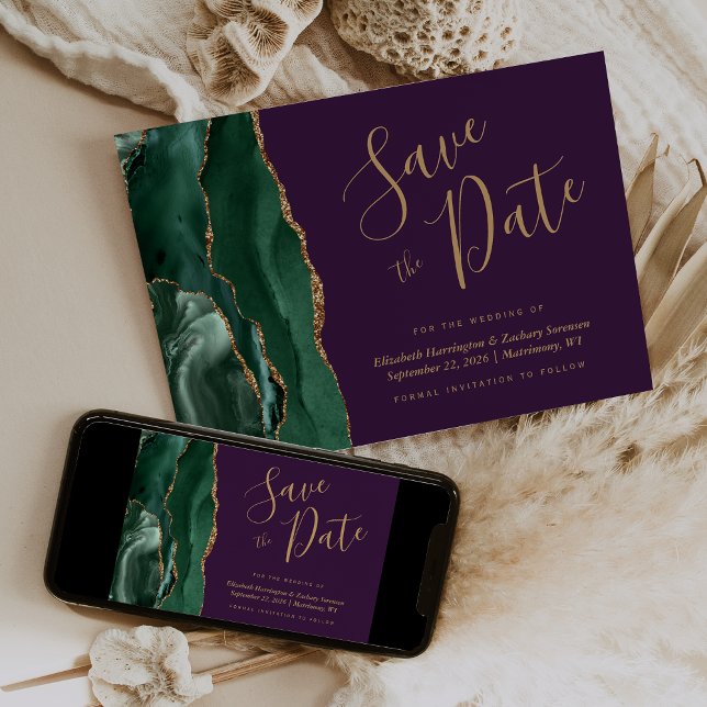 Emerald Green Gold Agate Purple Save the Date Card (Creator Uploaded)