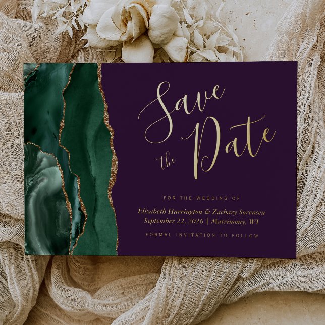 Emerald Green Gold Agate Purple Save the Date Foil Invitation (Creator Uploaded)