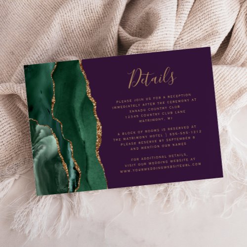 Emerald Green Gold Agate Purple Wedding Details Enclosure Card