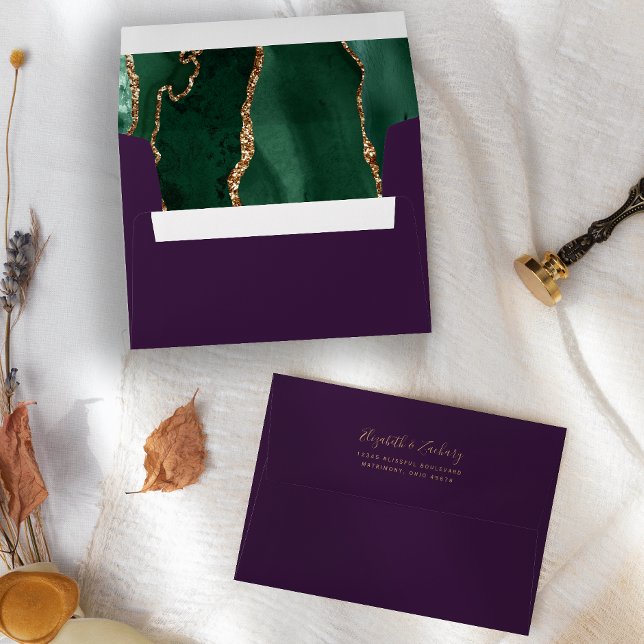 Emerald Green Gold Agate Purple Wedding Envelope (Creator Uploaded)