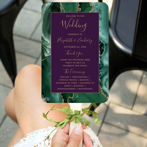 Emerald Green Gold Agate Purple Wedding Program Hand Fan