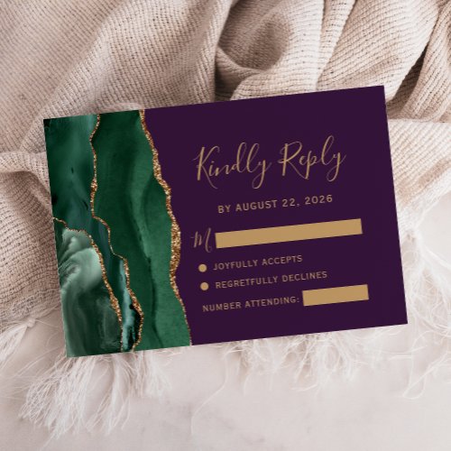 Emerald Green Gold Agate Purple Wedding RSVP Card