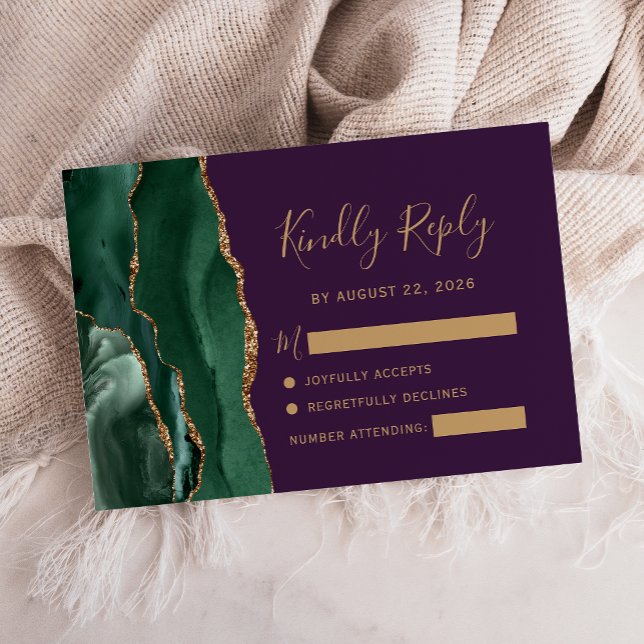 Emerald Green Gold Agate Purple Wedding RSVP Card (Creator Uploaded)