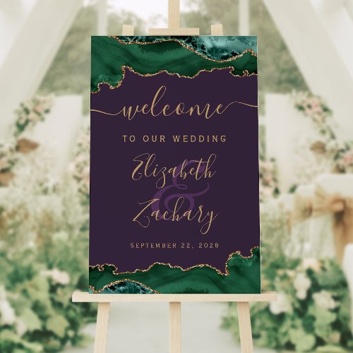 Emerald Green Gold Agate Purple Wedding Welcome Foam Board