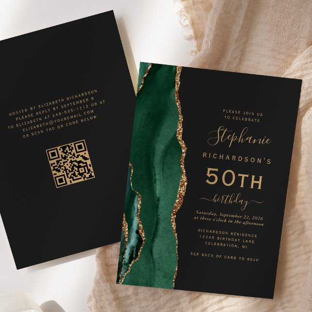 Emerald Green Gold Agate QR Code 50th Birthday Invitation (Creator Uploaded)