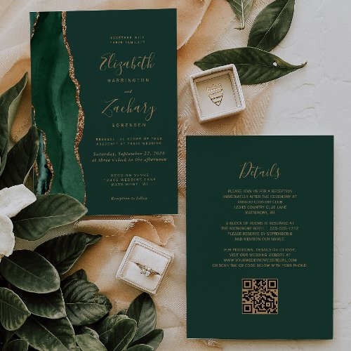 Emerald Green Gold Agate QR Code Wedding Invitation
