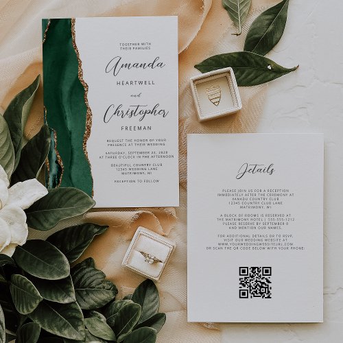 Emerald Green Gold Agate QR Code Wedding Invitation