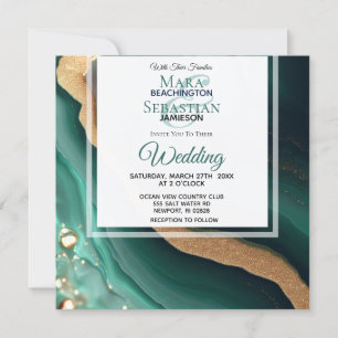 *~* EMERALD GREEN GOLD Agate RSVP QR AR66 Wedding Invitation