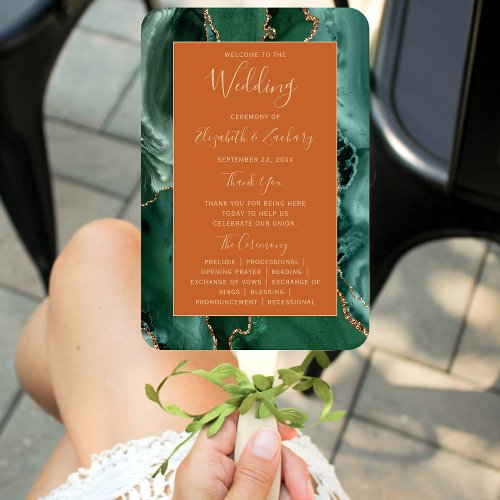 Emerald Green Gold Agate Rust Wedding Program Hand Fan