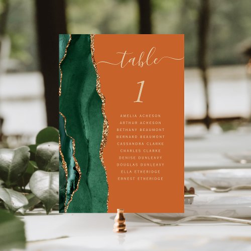 Emerald Green Gold Agate Rust Wedding Table Number