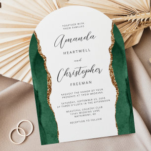 Emerald Green Gold Agate Script Arch Wedding Invitation